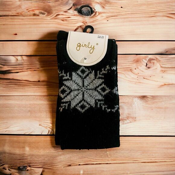 Girly Black and Snow Flake Over the Knee Socks OSFM - Picture 1 of 4